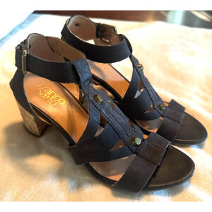 Franco Sarto black leather sandals cork heels sz 7 Paloma ankle strap shoes